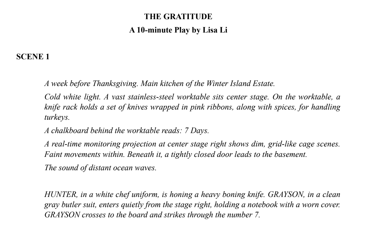 Opening page of The Gratitude, a 10-minute play by Lisa Li